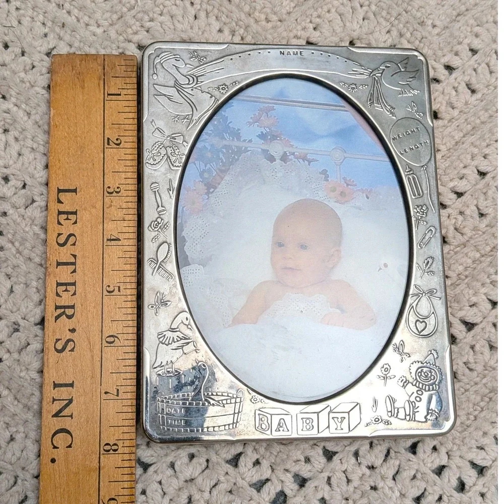 Vintage Silver Tone Baby Photo Album Frame Embossed Nursery Stork 6x8